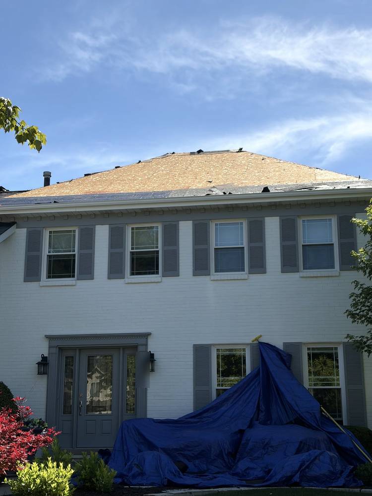 Storm roof job in Hinsdale, IL: shingles torn off to the roof deck with landscaping tarped below